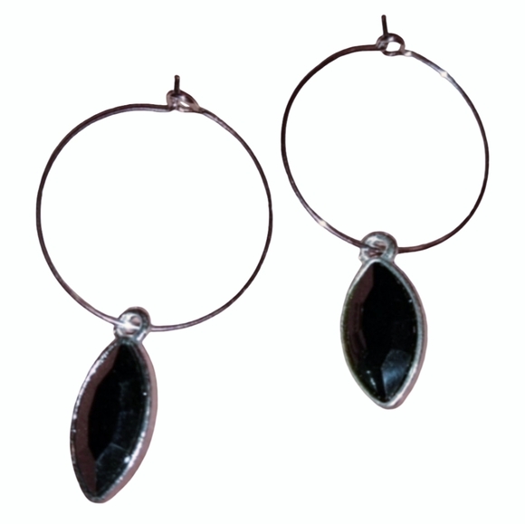 Black Marquis Rhinestone Silver Hoop CZ Crystal Dangle Earrings Basics Hoops New - Picture 1 of 6